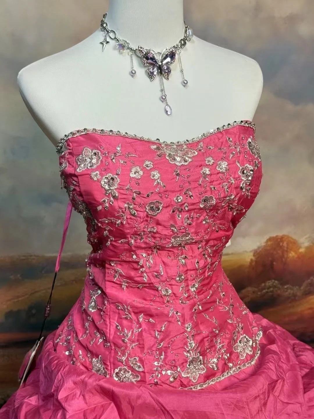 formaldressy-Pink Delicate Floral Long Satin Formal Ball Gown gh6288