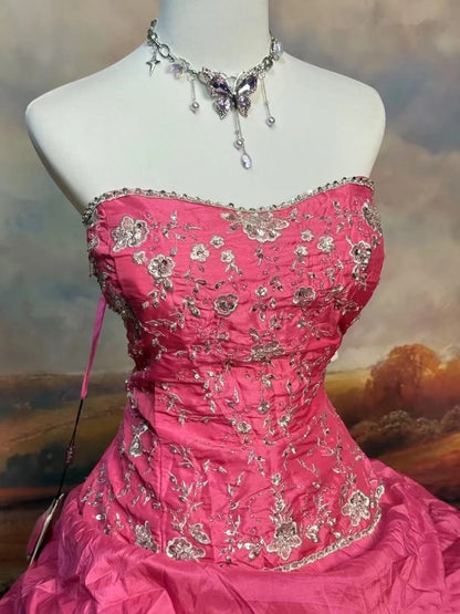 formaldressy-Pink Delicate Floral Long Satin Formal Ball Gown gh6288