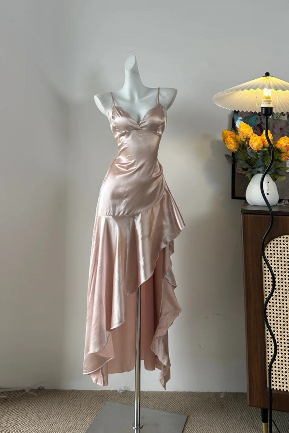 formaldressy-Gentle And Fairy - Like Light Pink Spaghetti - Strap Irregular Ruffled Long Dress gh5844