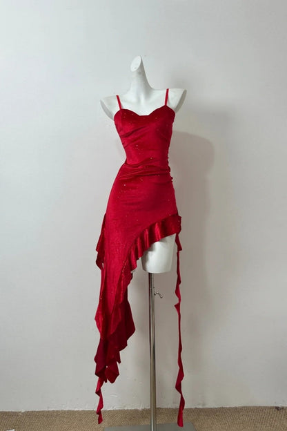 formaldressy--Red Shiny Short Ruffle Satin Homecoming Dress Birthday Party Dress gh5479