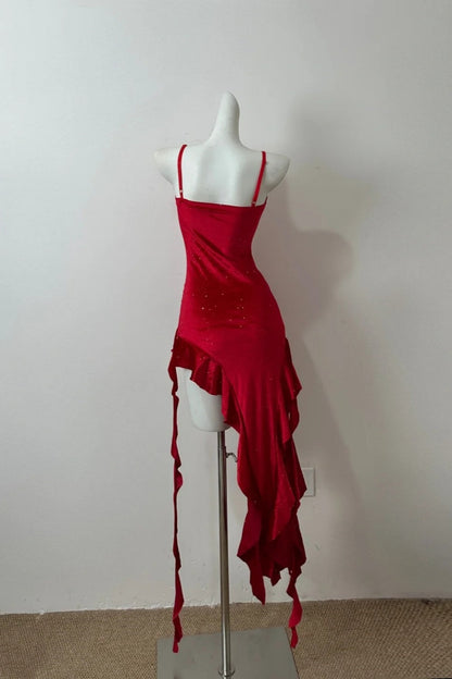 formaldressy--Red Shiny Short Ruffle Satin Homecoming Dress Birthday Party Dress gh5479