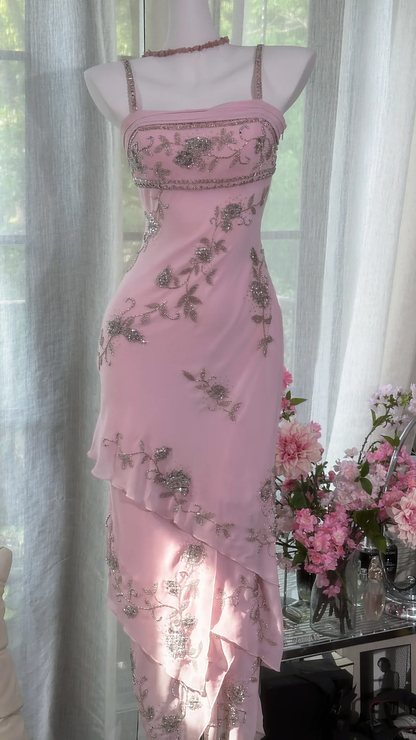 Vintage Pink Sheath Spaghetti Strap Beaded Layered Chiffon Prom Dress 22th Birthday Dress SH4413