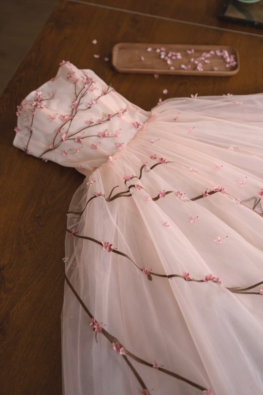 formaldressy- Vintage Peach Pink Plum Blossom 3D Embroidered Strapless Tulle Chinese Style Evening Gown gh6034