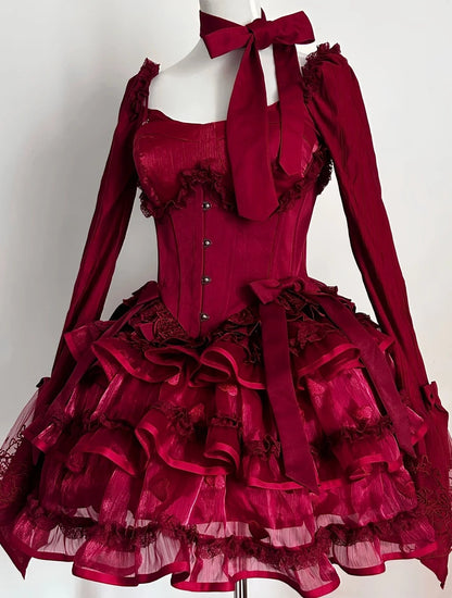 formaldressy-Long sleeve/sleeveless Vintage Wine Red Lolita Bow Lace Tiered Short Party Dress gh6031