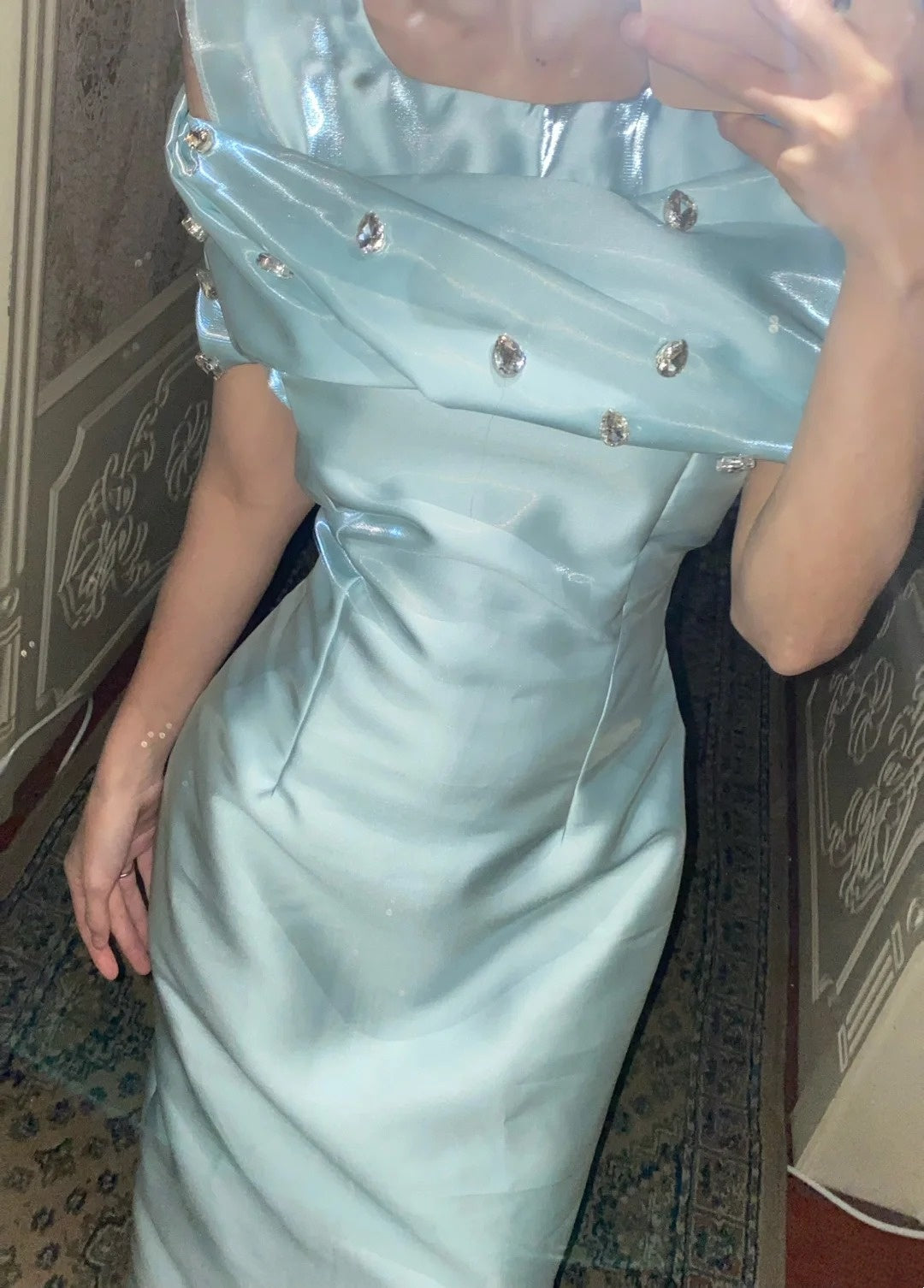 formaldressy-Light Blue Satin Diamond - Studded Gown, Elegant Lines Show Light Luxury Texture gh5900