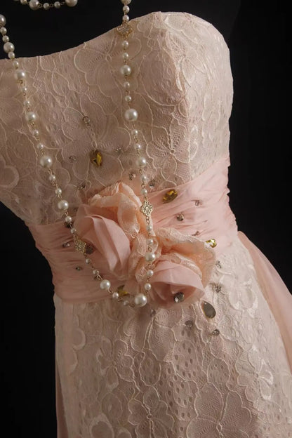 formaldressy-Light Pink Lace and Chiffon Sleeveless High-Low Train Evening Gown gh6306