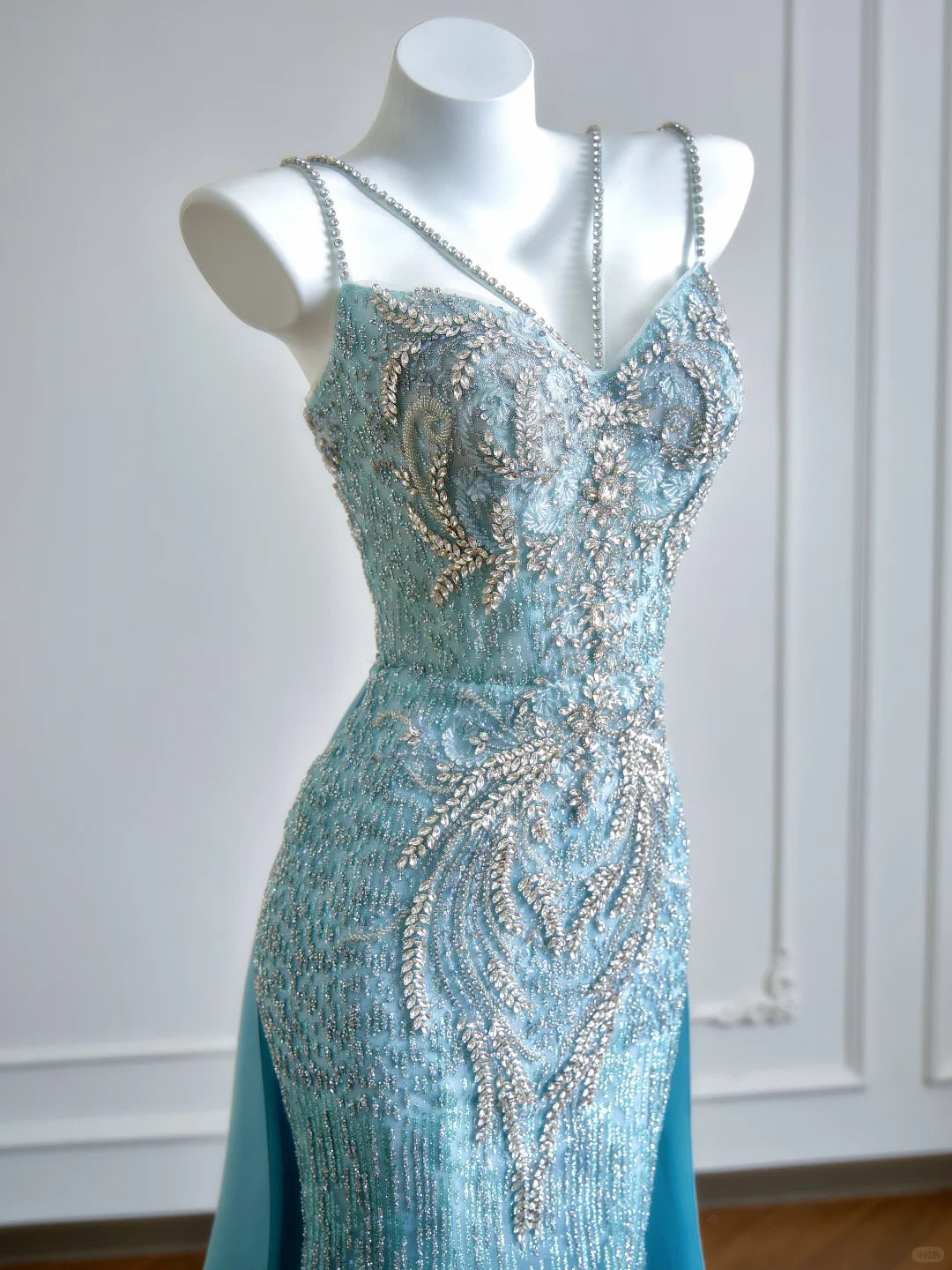 formaldressy--Aqua blue mermaid tail exquisite beaded long floor-length tulle prom dress gh5484