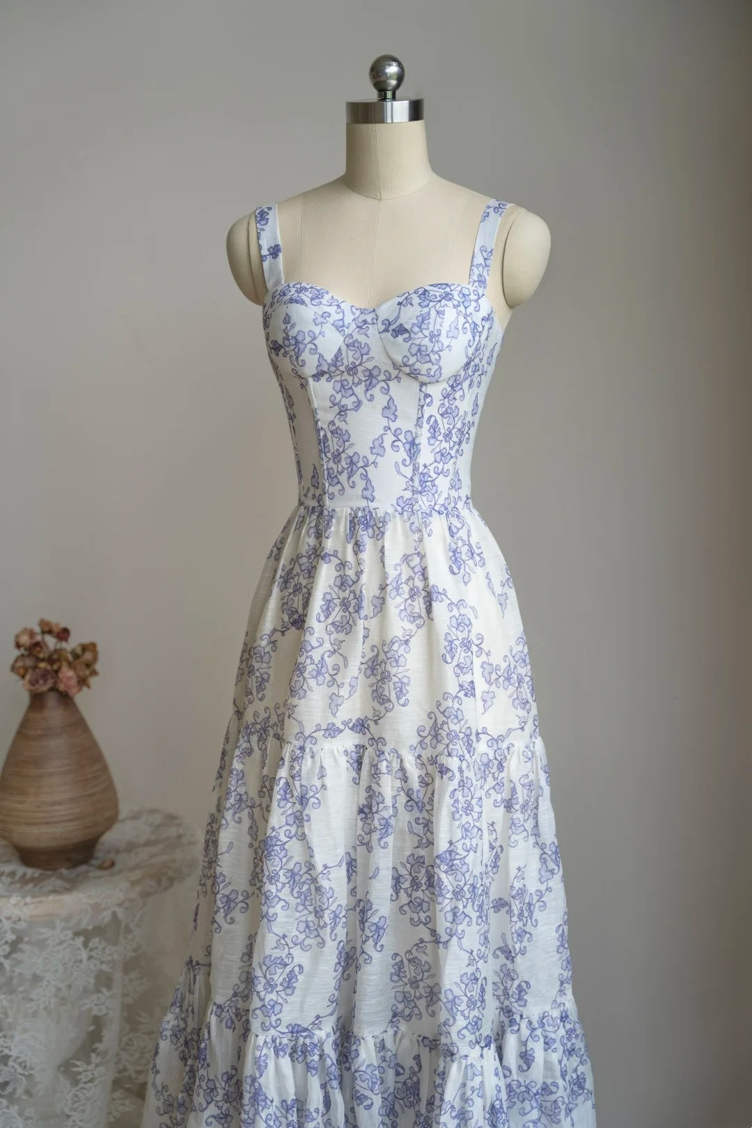formaldressy- Vintage Blue-White Floral Square Neck Spaghetti Strap Long Style Evening Gown gh6036