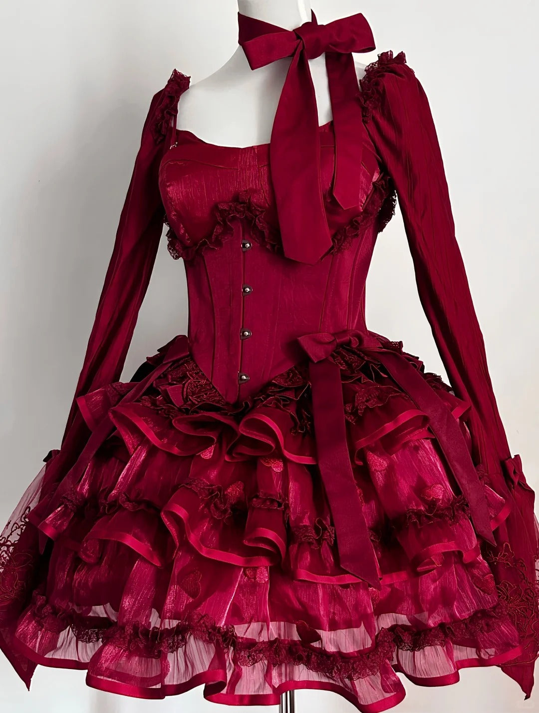 formaldressy-RRed Princess Long Sleeve Lace Fashion Short Tulle Homecoming Dress Birthday Party Dress gh5416