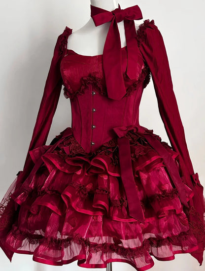 formaldressy-RRed Princess Long Sleeve Lace Fashion Short Tulle Homecoming Dress Birthday Party Dress gh5416