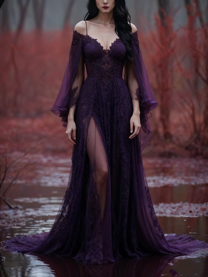 formaldressy-Long Sleeves Long Tulle Floor-Length Train Retro Elegant Ball Gown Evening Dress gh5943