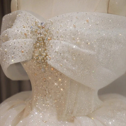formaldressy-White Sparkling Gorgeous Off Shoulder Bow Starry Bead Decoration and Ground Formal Ball Dress Lace Dress Exquisite Wedding Dress gh5312