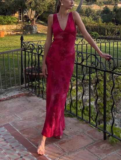Elegant V-Neck Rose Print Dress Women Sleeveless Evening Party Vintage Evening Dress  cg25380