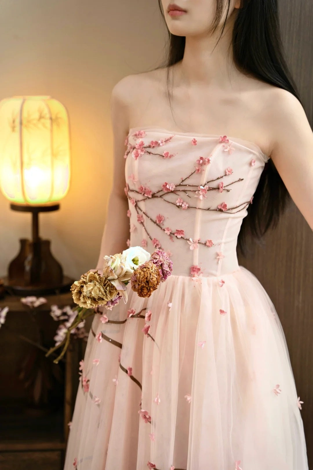 formaldressy- Vintage Peach Pink Plum Blossom 3D Embroidered Strapless Tulle Chinese Style Evening Gown gh6034