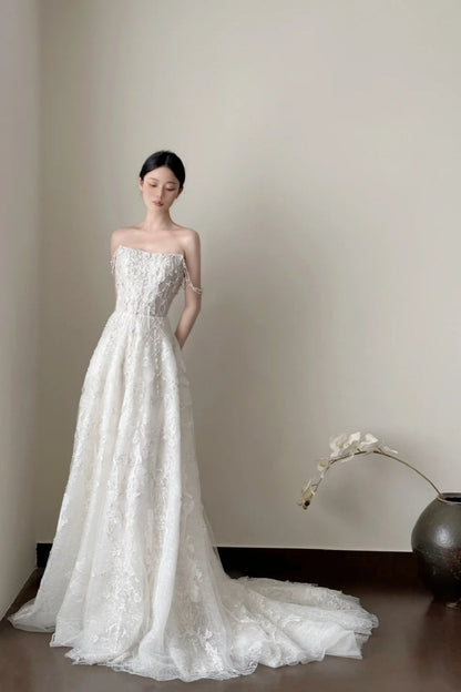 formaldressy- Vintage White Beaded Embroidery Strapless Long Train Court Style Wedding Gown gh6096