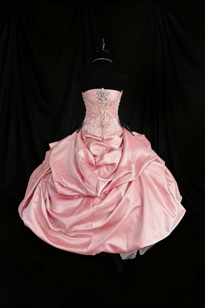formaldressy-Girlish Heart Party Style Pink Satin & Black Bow Beaded Strapless Floor - Length Birthday Highlight Dress gh5888