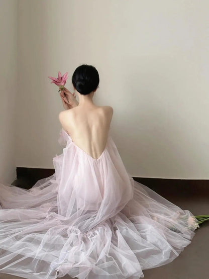 formaldressy- Vintage Pink Tulle Off-Shoulder Puff Sleeve Open-Back Long Forest-Style Evening Gown gh6092