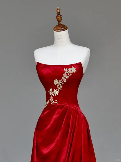 formaldressy -Red floral applique long satin prom dress evening gown party dress gh5113
