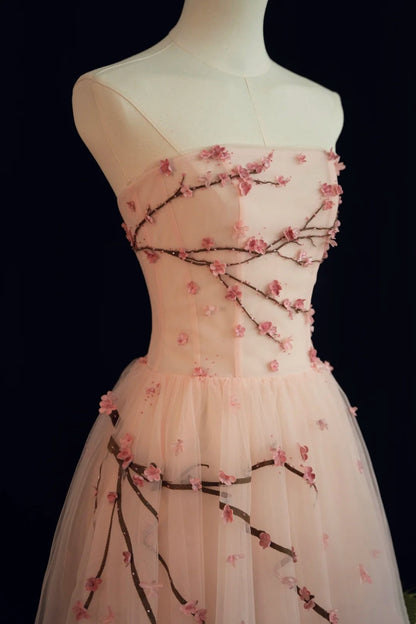 formaldressy- Vintage Peach Pink Plum Blossom 3D Embroidered Strapless Tulle Chinese Style Evening Gown gh6034