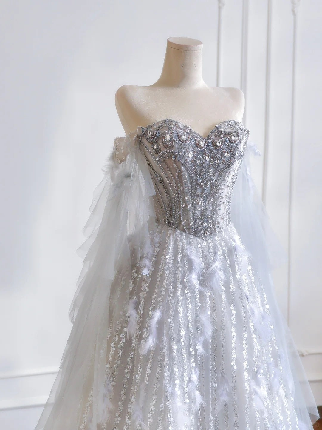 formaldressy--Gray purple gorgeous feather tulle and diamond exquisite beading long tulle prom dress wedding dress gh5486