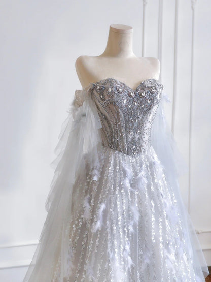 formaldressy--Gray purple gorgeous feather tulle and diamond exquisite beading long tulle prom dress wedding dress gh5486