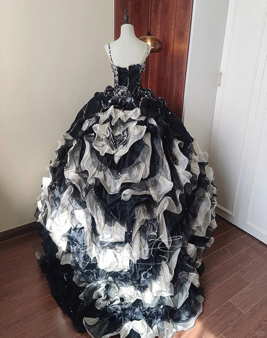formaldressy-Black and white Quinceanera Dresses, gorgeous beaded long tulle black swan dress, ball gowns, princess adult dress, 16-year-old dress gh5291