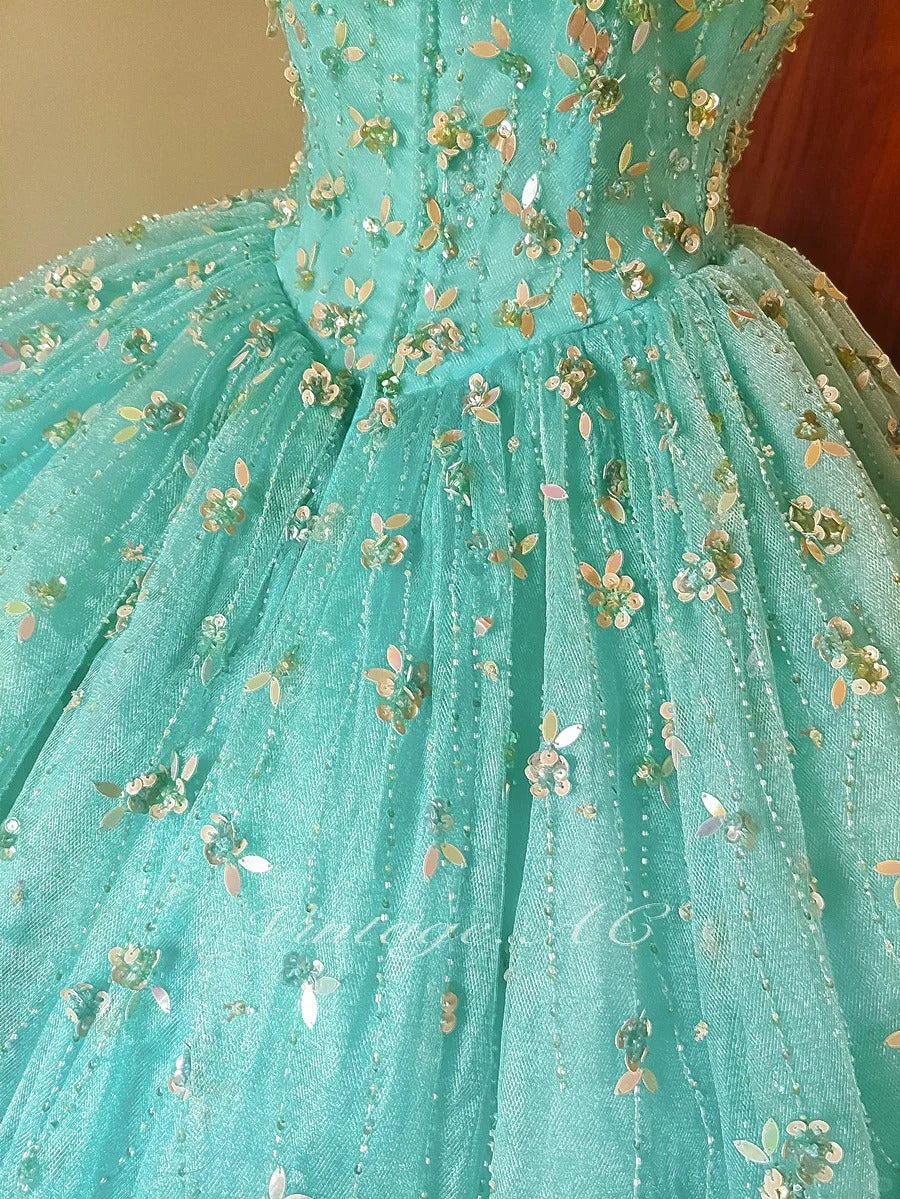 formaldressy-Mint Green Glitter Beaded Floral Long Tulle Floor-Length Ball Gown gh5300