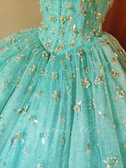 formaldressy-Mint Green Glitter Beaded Floral Long Tulle Floor-Length Ball Gown gh5300