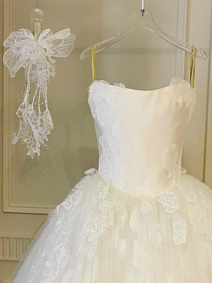 formaldressy-White floral lace long elegant tulle wedding prom dress gh5436