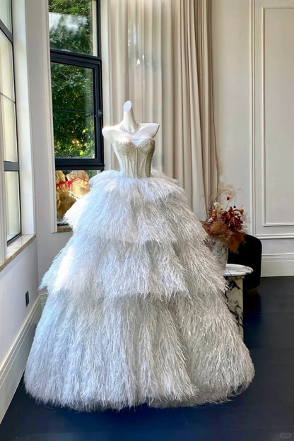 formaldressy--White exquisite beaded long elegant fairy feather wedding dress gh5445