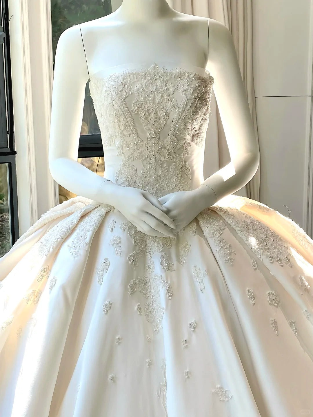 formaldressy--__White wedding dress with floral and delicate beaded appliques, simple long satin wedding dress gh5443