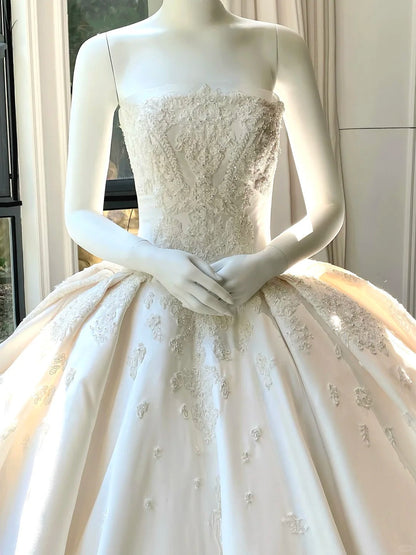 formaldressy--__White wedding dress with floral and delicate beaded appliques, simple long satin wedding dress gh5443