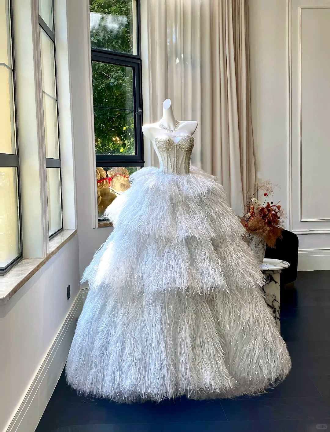 formaldressy--White exquisite beaded long elegant fairy feather wedding dress gh5445