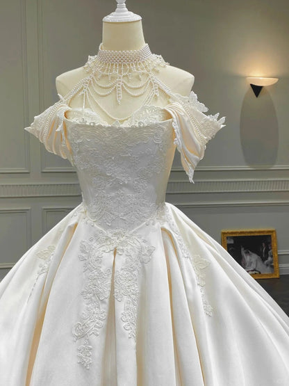 formaldressy--__hite vintage exquisite beaded tube top satin lace wedding dress, court beauty, elegance and sexiness gh5441