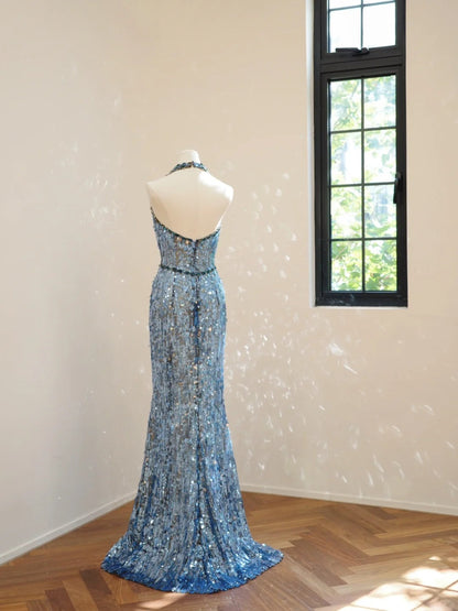 formaldressy-Blue fashion V-neck long sequined Prom dress evening dress gh5069