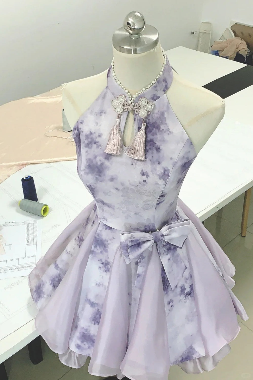formaldressy--Purple gradient color new Chinese style pearl stand collar with button bow fairy dress oriental aesthetics gh5731