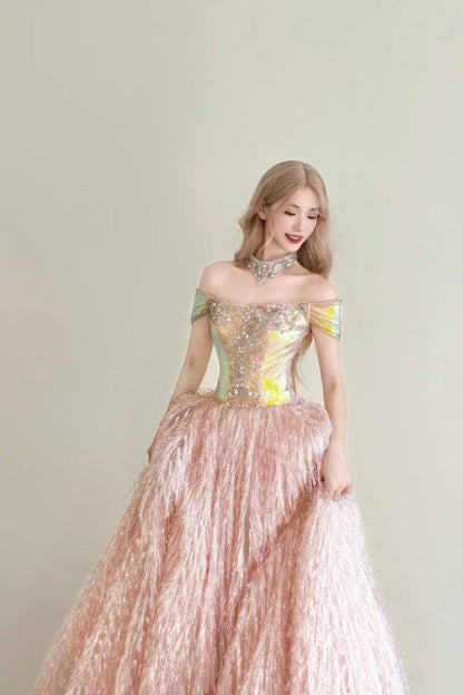 formaldressy-Vintage Pink-Gold Contrast Off-Shoulder Court Style Evening Gown gh6027