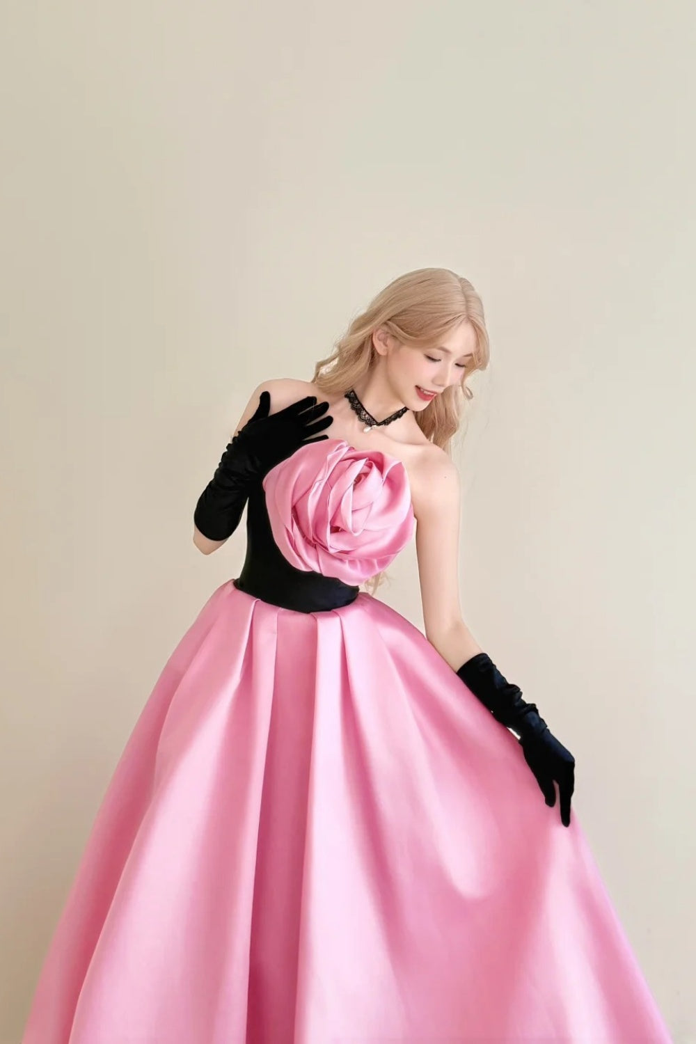 formaldressy-Vintage Pink-Black Contrast 3D Floral Strapless Swing Court Style Evening Gown gh6029