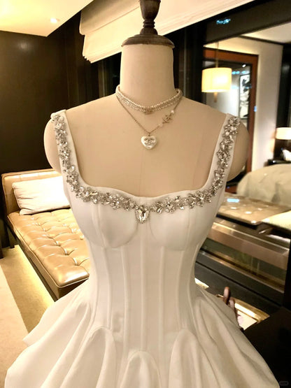 formaldressy-White short satin princess homecoming dress birthday party dress eighth grade dress gh5295