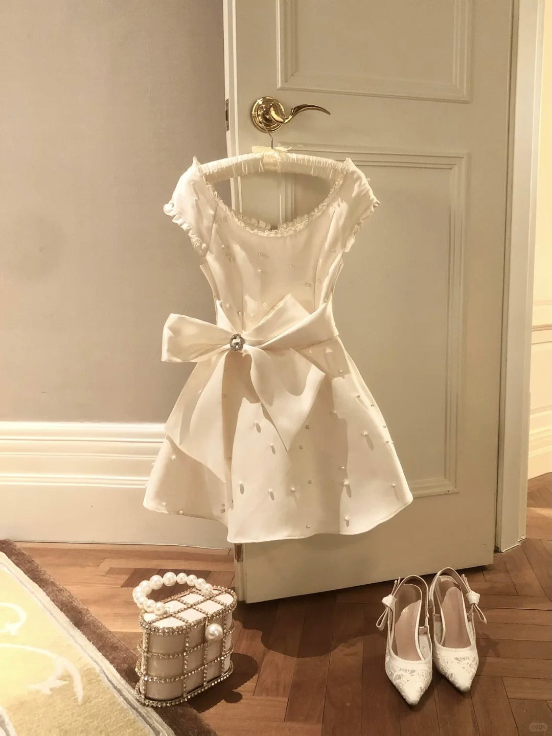formaldressy-White Beaded Short Satin Eighth Grade Dress Homecoming Dress Birthday Party Dress gh5291