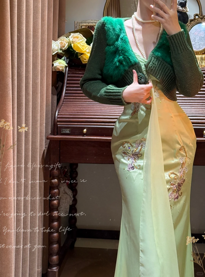 Green Mermaid Spaghetti Strap Beaded Chiffon Satin Long Prom Dresses SH4632