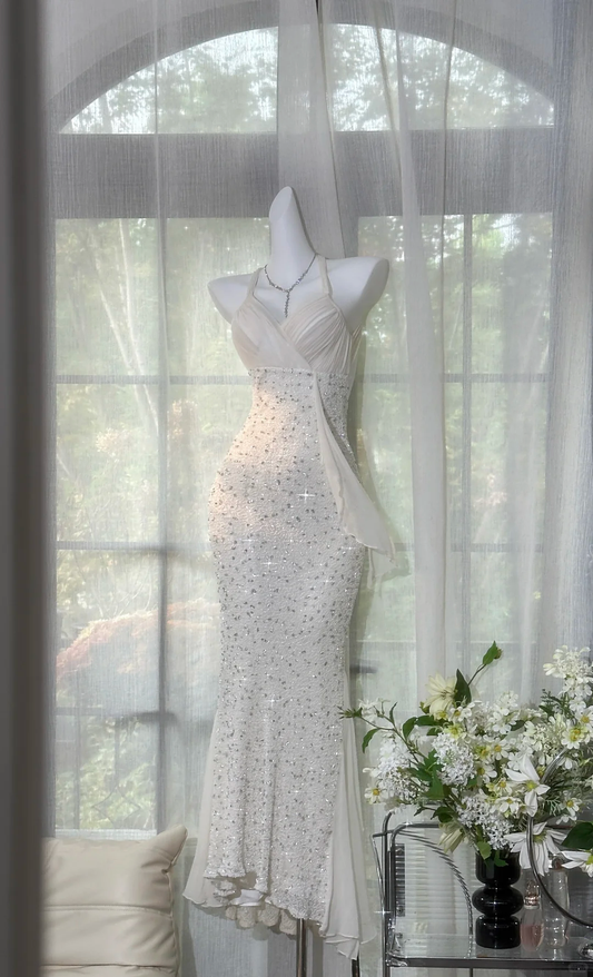 Gentle Vintage Mermaid Spaghetti Straps Beaded White Chiffon Prom Dress SH5198