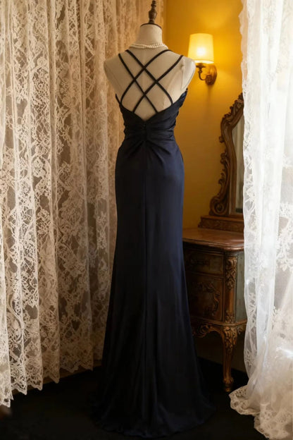 formaldressy-Elegant navy blue spaghetti strap deep V neck waist dress, vintage embellished elegant long evening gown  gh5826