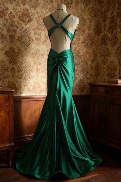 formaldressy-Sleeveless Deep V - Neck Backless Dark Green Satin Mermaid Dress, Retro Elegant Slim - fitting Floor - length Evening Gown  gh5827