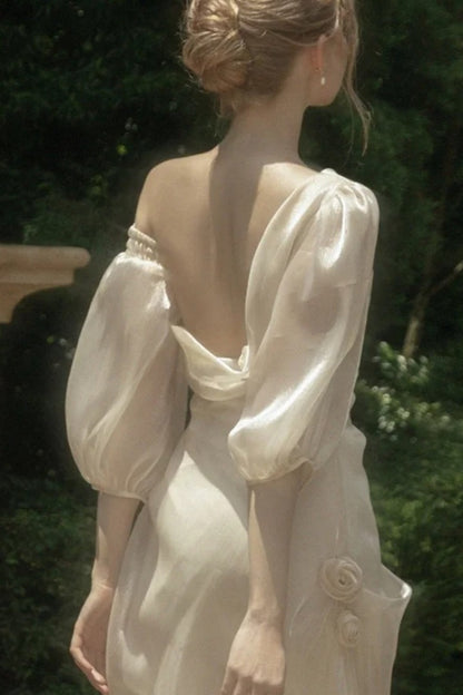 formaldressy-__One Shoulder Flower Long Fairy Dress White Moonlight Female Lead's Favorite Fairy Dress gh5907