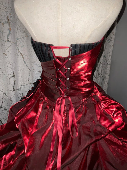 formaldressy-Burgundy-Black Paneled Shiny Satin Strapless Sleeveless Floor-Length Gothic Ball Gown gh6317