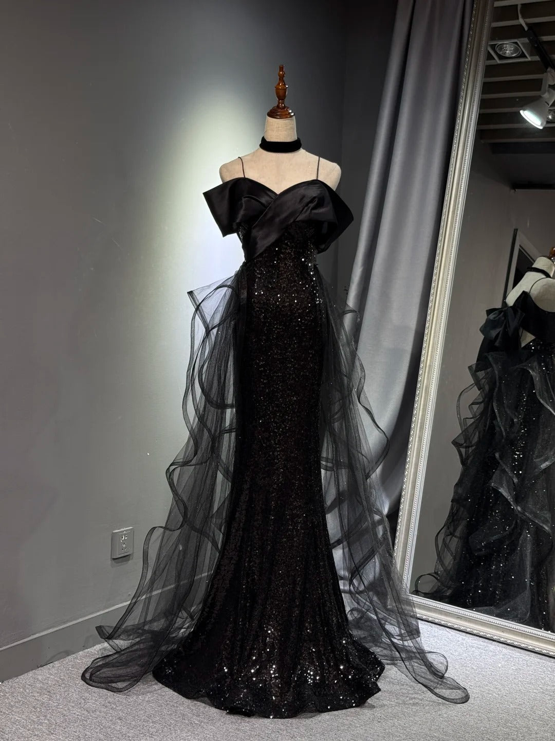 formaldressy -Black shiny elegant long sequined tulle Prom dress evening gown graduation dress gh5107