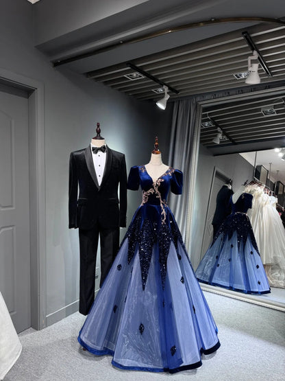 formaldressy -Blue shiny long sequined tulle ball gown evening dress graduation dress gh5110