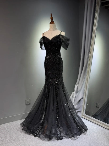 formaldressy -Black shiny mermaid long sequined ball gown evening dress graduation dress gh5112