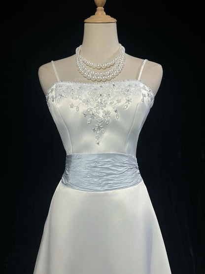 formaldressy-White And Blue Satin Long Dress With Delicate Beading gh6248
